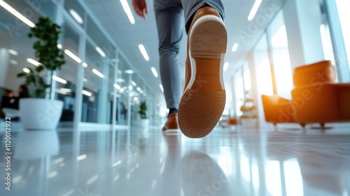 A close-up view of a person walking on the lustrous floor of a contemporary office building, emphasized by the indoor plants and sleek furniture around. photo