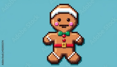 a gingerbread man decorated for the holidays with 8-bit retro gaming graphics