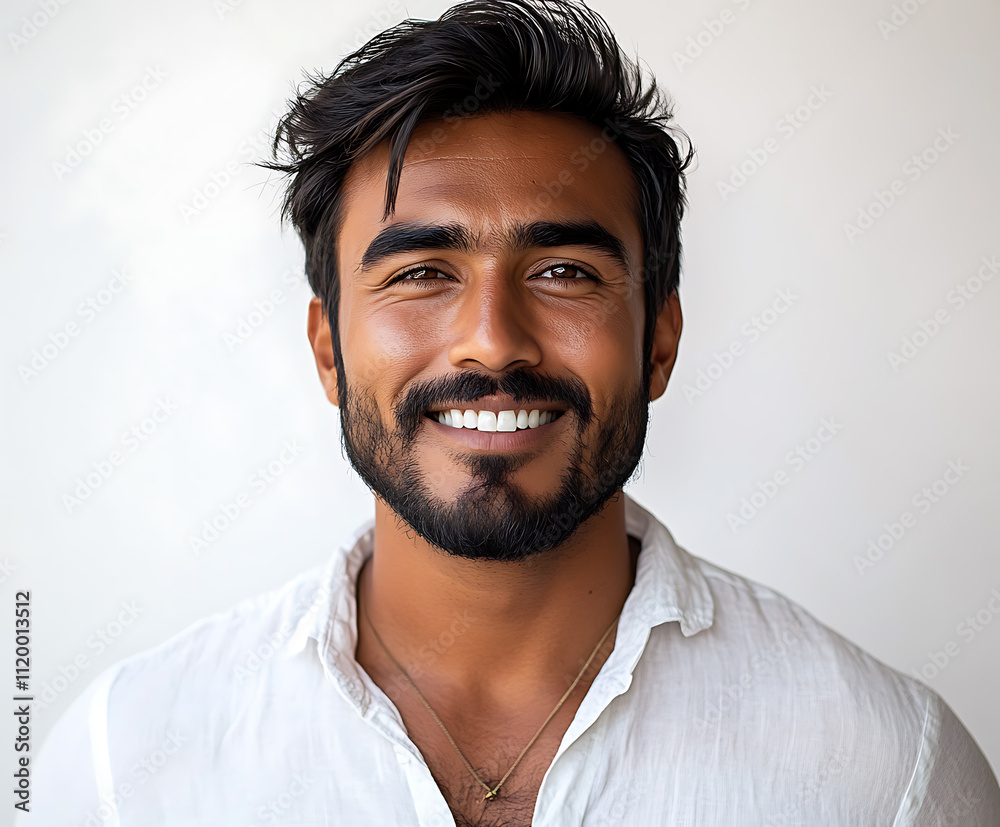 Fototapeta premium Portrait of a Smiling Man with Dark Hair and Beard, Wearing a White Shirt Against a Plain White Background. A Captivating Image of Happiness and Positivity.