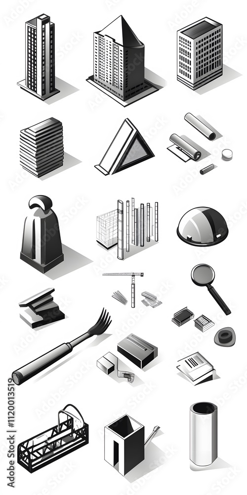 Obraz premium Theme: Architecture and Construction, Icon Set, Shapes, Objects, Black and White, on White Background, Abstract Image, Texture, Pattern Background, Wallpaper, Cover and Screen of Smartphone, PC, Lapto