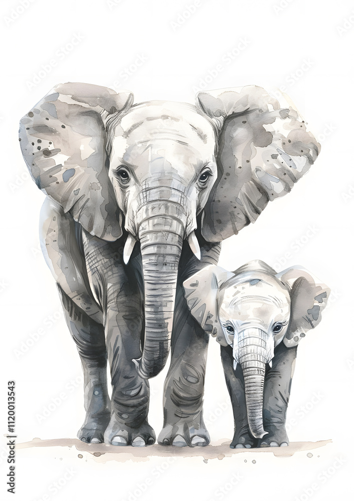 Fototapeta premium The watercolor artwork beautifully portrays a mature elephant and cute baby, highlighting the beauty of wildlife and promoting nature conservation, symbolizing their strong bond