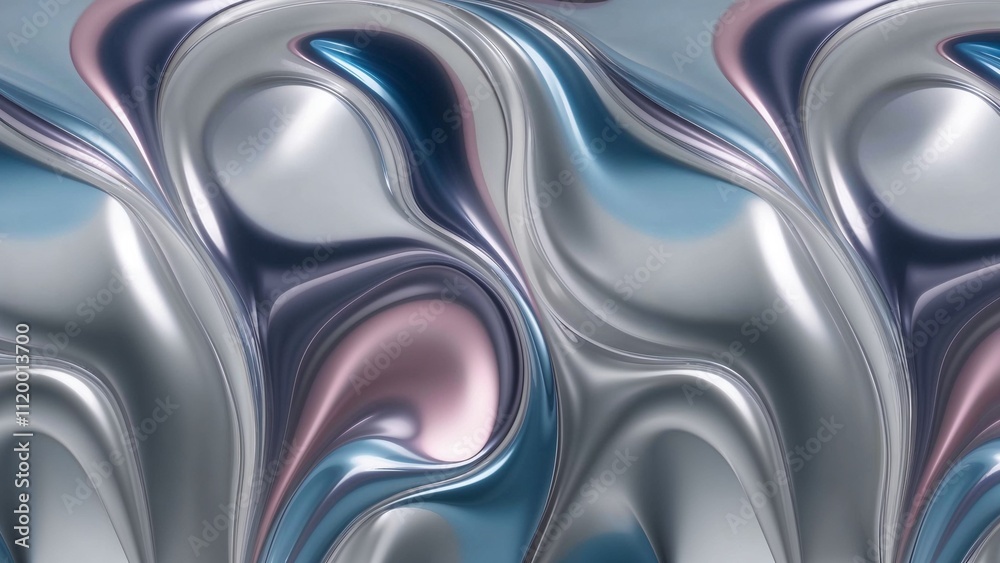 Obraz premium Abstract background with a fluid, swirling pattern, seamless, reminiscent of liquid mother-of-pearl waves. Shades of silver, blue and shades of pink and purple, creating a pearlescent effect.