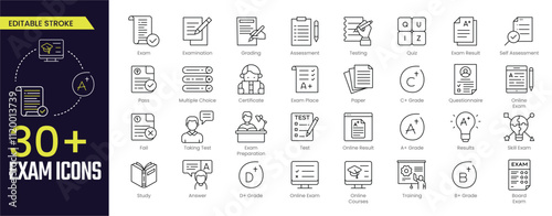 Exam Stroke icon collections. Containing Examination, Grading, Assessment, Testing, Quiz, Exam Result, Questionnaire, A Grade, Pass, and Fail icons. Editable Stroke icon collection Outline icon
