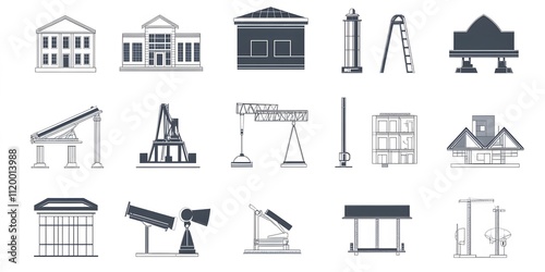 Theme: Architecture and Construction, Icon Set, Shapes, Objects, Black and White, on White Background, Abstract Image, Texture, Pattern Background, Wallpaper, Cover and Screen of Smartphone, PC, Lapto