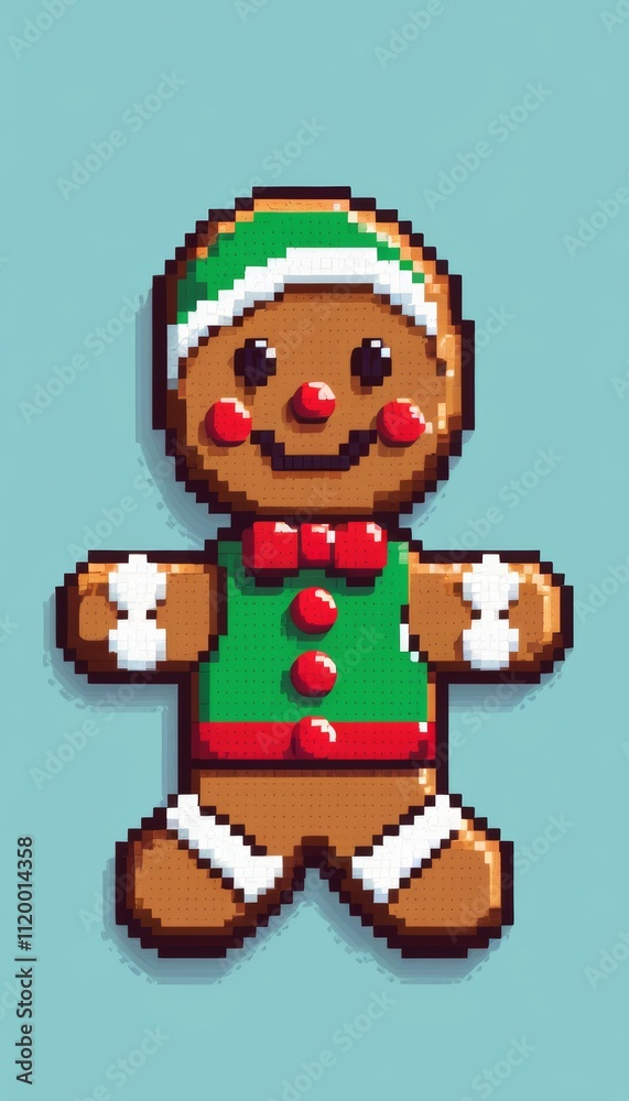 a gingerbread man decorated for the holidays with 8-bit retro gaming graphics