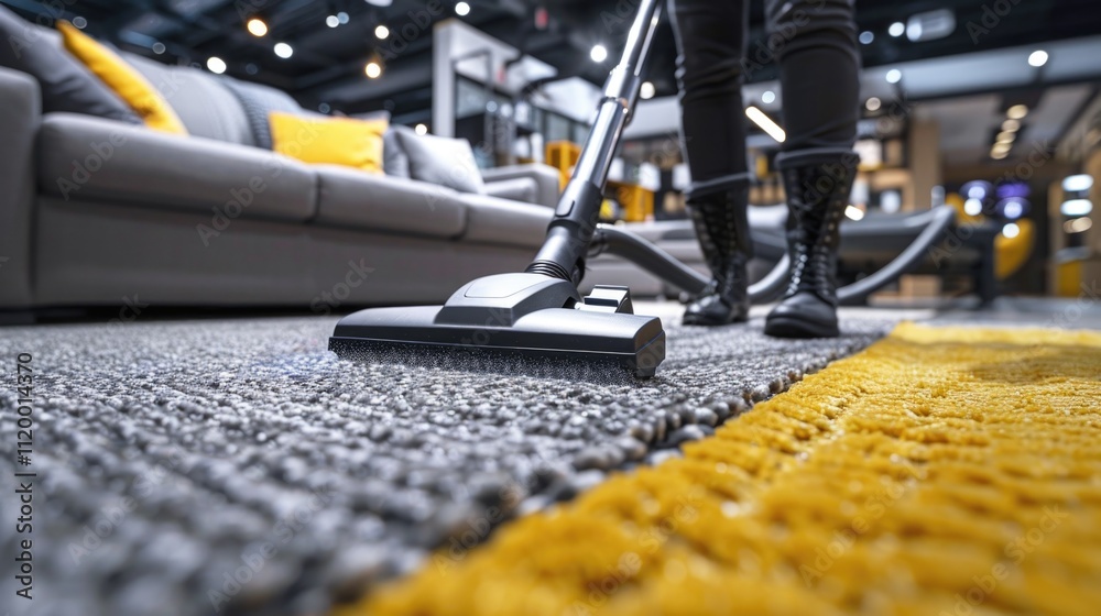 Vacuuming a modern living room with yellow accents and a cozy atmosphere during the daytime Vacuuming a modern living room with yellow accents and a cozy atmosphere during the daytime