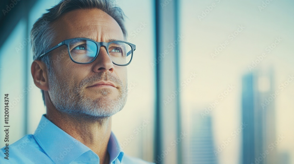 A thoughtful man gazing out an office window contemplatively. A thoughtful man gazing out an office window contemplatively.