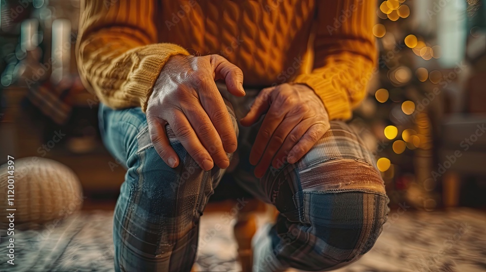 Cozy indoor moment of a person with warm hands resting on knees during the holiday season at home Cozy indoor moment of a person with warm hands resting on knees during the holiday season at home
