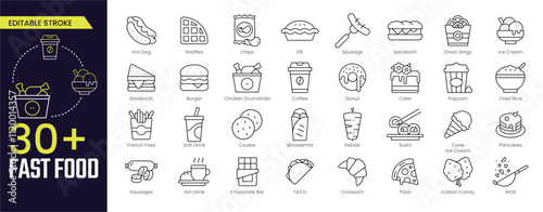 Fast Food Stroke icon collections. Containing Chicken Drumsticks, Coffee, Donut, Cake, Sushi, Kebab, Ice Cream, Hot Drink, Chocolate Bar, and WOK icons. Editable Stroke icon collection Outline icon