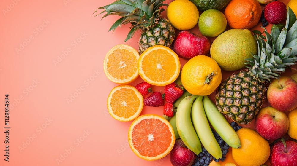 Assorted fresh tropical fruits on a peach background Assorted fresh tropical fruits on a peach background