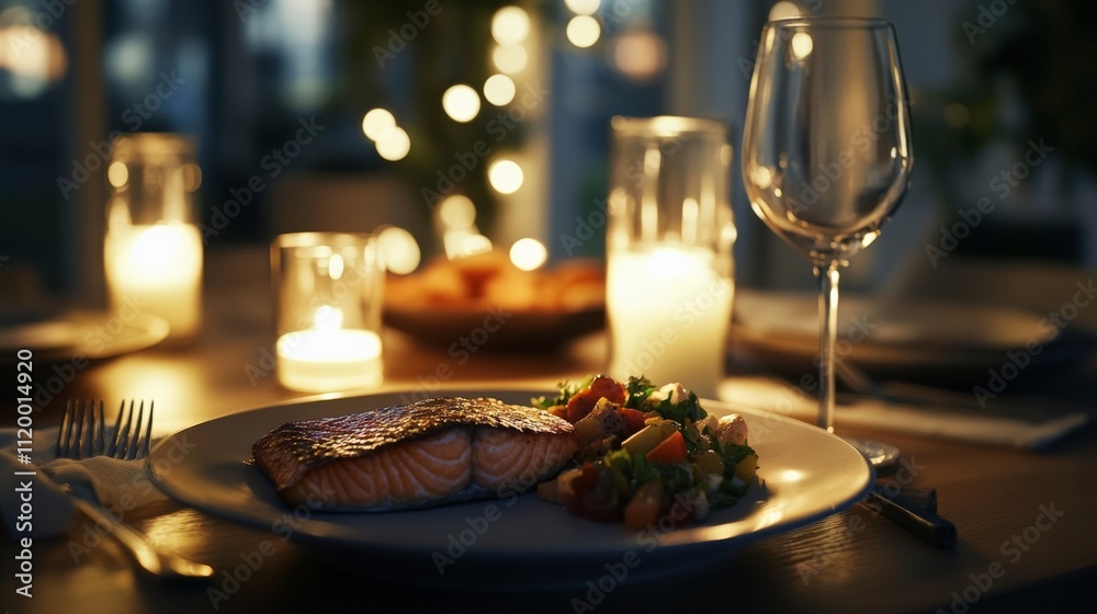 Delicious salmon dish served with fresh vegetables, perfect for a romantic dinner at home with soft ambient lights. Delicious salmon dish served with fresh vegetables, perfect for a romantic dinner at home with soft ambient lights.