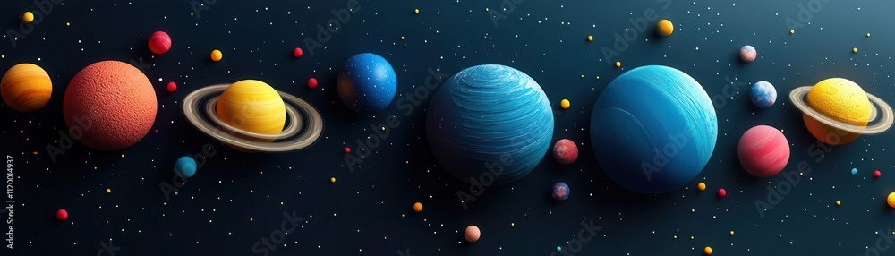 A colorful depiction of the solar system, showcasing various planets, including Saturn, surrounded by stars in a dark space backdrop. A colorful depiction of the solar system, showcasing various planets, including Saturn, surrounded by stars in a dark space backdrop.