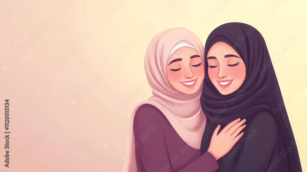 Portrait of happy arabic two friend muslim woman with hijab dress smiling and hugging together Portrait of happy arabic two friend muslim woman with hijab dress smiling and hugging together