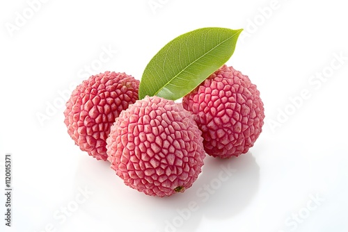 Three Lychees with a Leaf on a White Background