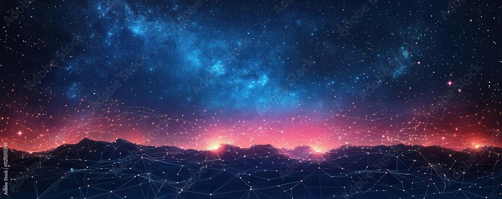 A vibrant cosmic landscape featuring a starry sky, colorful nebulae, and silhouetted mountains against a backdrop of deep blues and purples. A vibrant cosmic landscape featuring a starry sky, colorful nebulae, and silhouetted mountains against a backdrop of deep blues and purples.