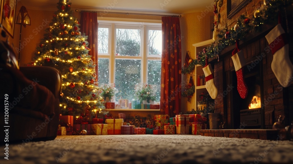 Fototapeta premium cozy holiday living room with a decorated tree and glowing fireplace