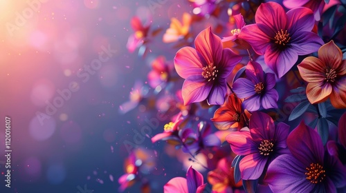Vibrant purple and orange flowers bloom in a soft, dreamy light.