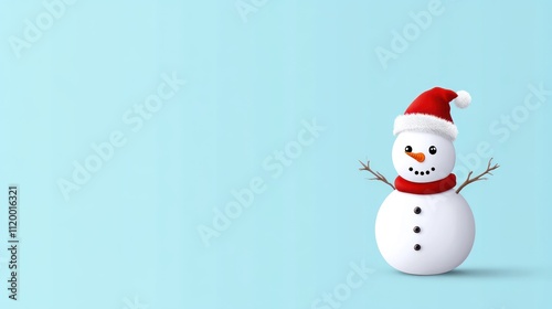 A cheerful snowman wearing a Santa hat and scarf against a blue background.