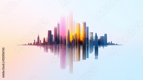 Abstract city skyline with colorful reflections and gradients.