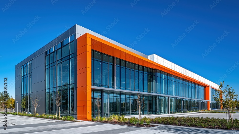 Fototapeta premium Modern Office Building with Glass Facade and Orange Accent in Urban Business District