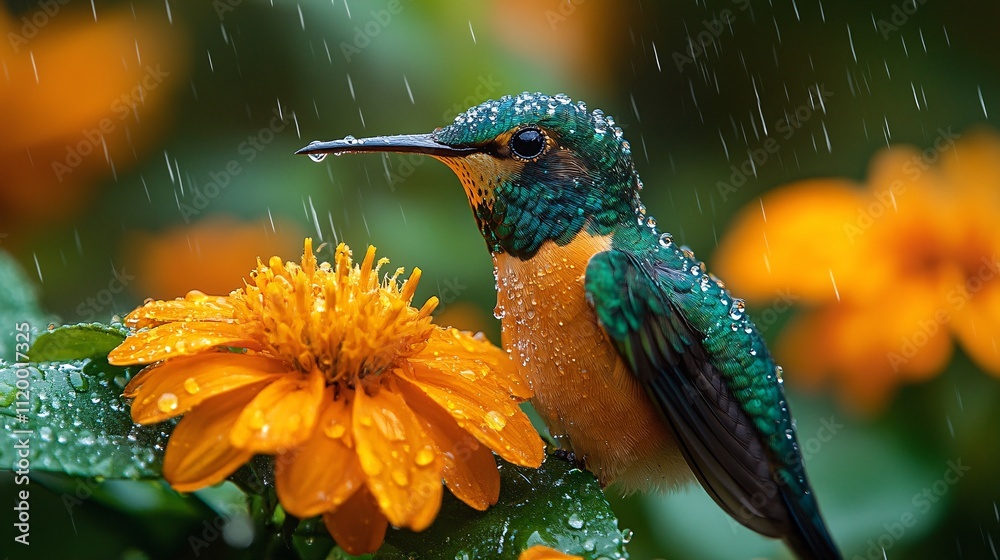 Fototapeta premium Hummingbird Perched on Flower in Rain