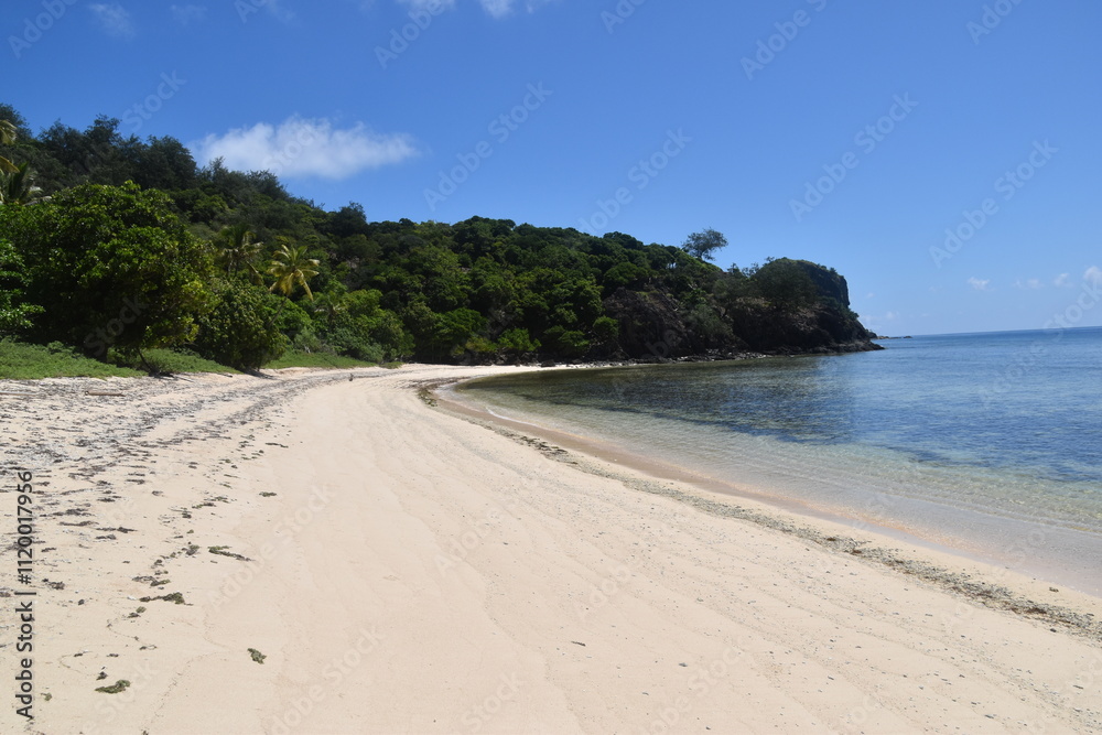 A lush green tropical paradise island with palm trees and white sandy beaches on Fiji in the Pacific Ocean A lush green tropical paradise island with palm trees and white sandy beaches on Fiji in the Pacific Ocean