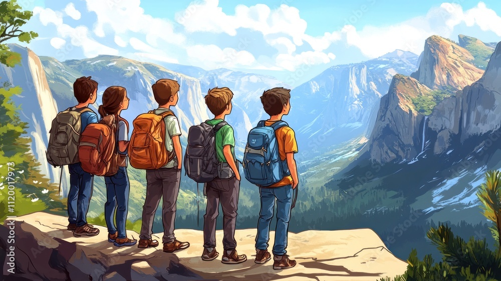 A group of hikers gazes at a stunning mountain landscape, embodying adventure and exploration. A group of hikers gazes at a stunning mountain landscape, embodying adventure and exploration.