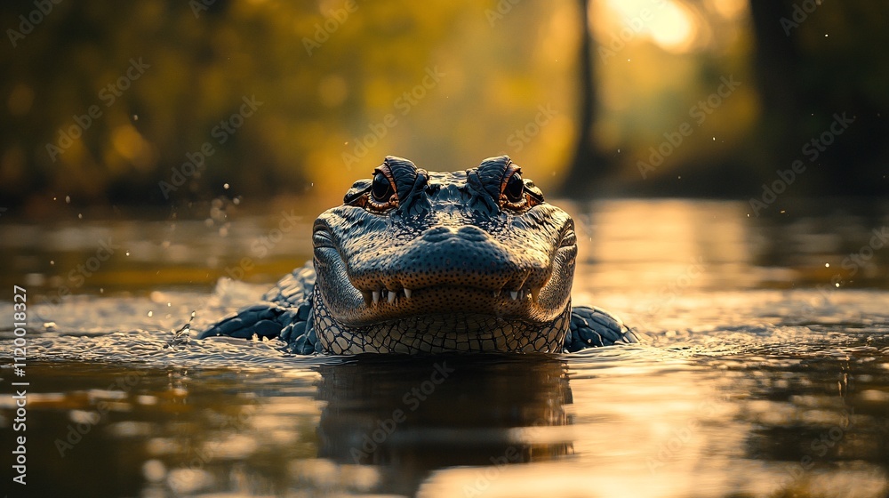 Fototapeta premium Alligator Gliding Through River Shallows at Sunset