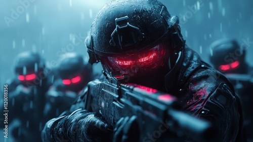 Soldiers in technologically advanced gear, aiming their weapons under cybernetic rainfall, depicted in vivid detail, emphasizing precision and agility.