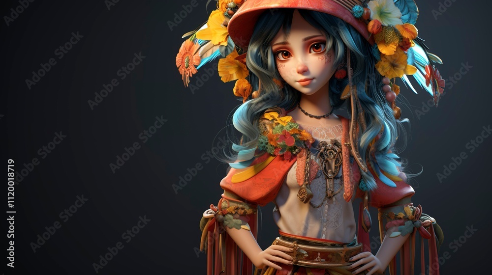 A photo of a 3D character donning a bohemian-inspired A photo of a 3D character donning a bohemian-inspired