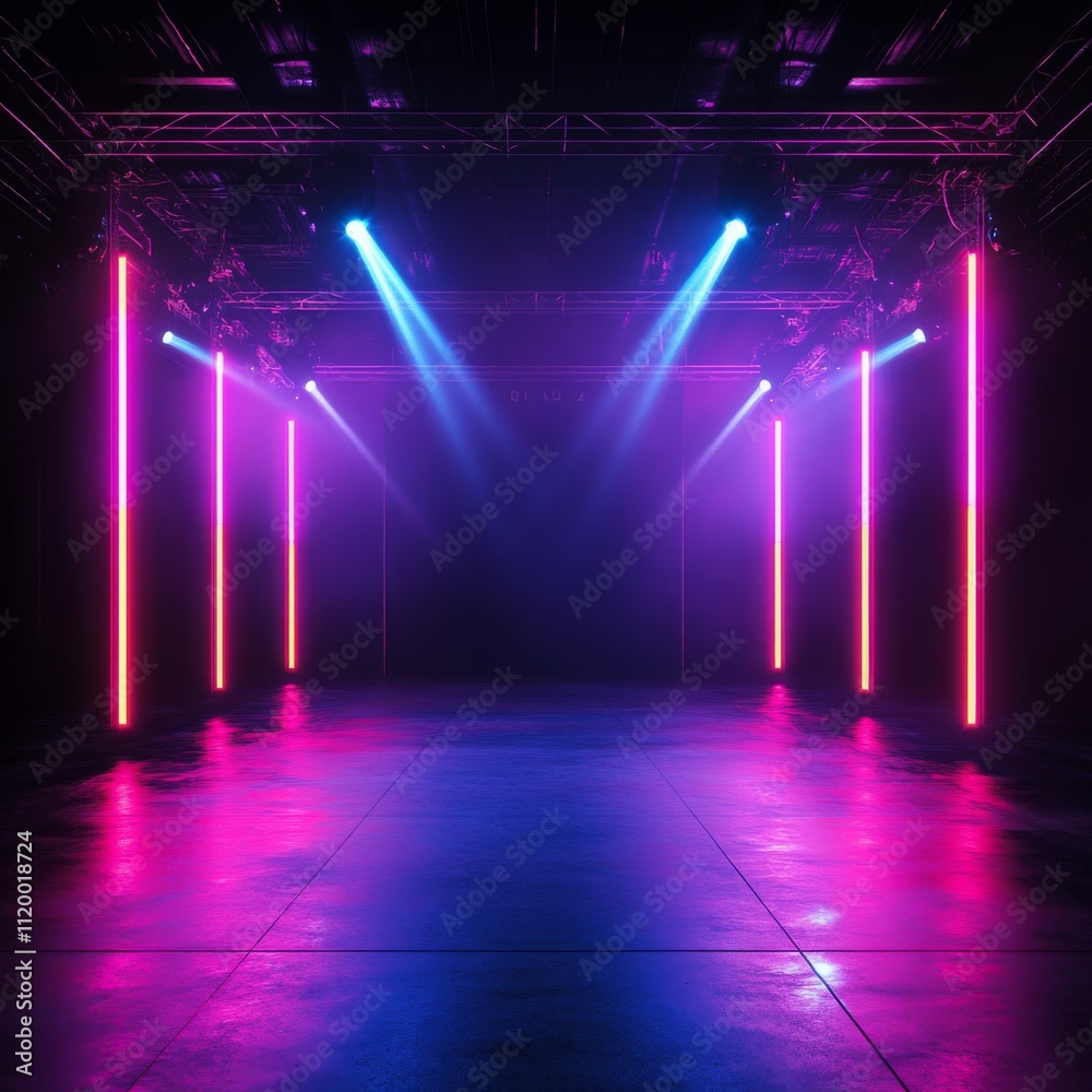 Empty dark abstract background. Background of an empty show scene. Glow of neon lights on an empty stage. Empty dark abstract background. Background of an empty show scene. Glow of neon lights on an empty stage.