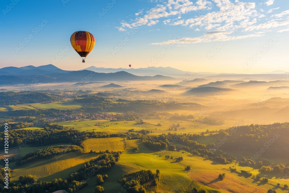 Obraz premium Hot air balloons float over a scenic landscape with mountains and valleys during sunrise