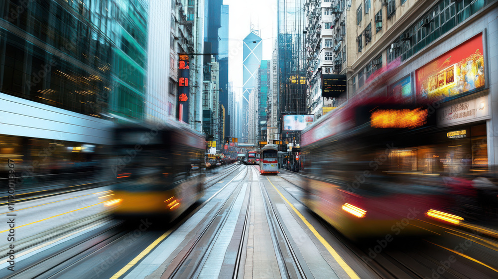 bustling city street with trams and skyscrapers in motion bustling city street with trams and skyscrapers in motion