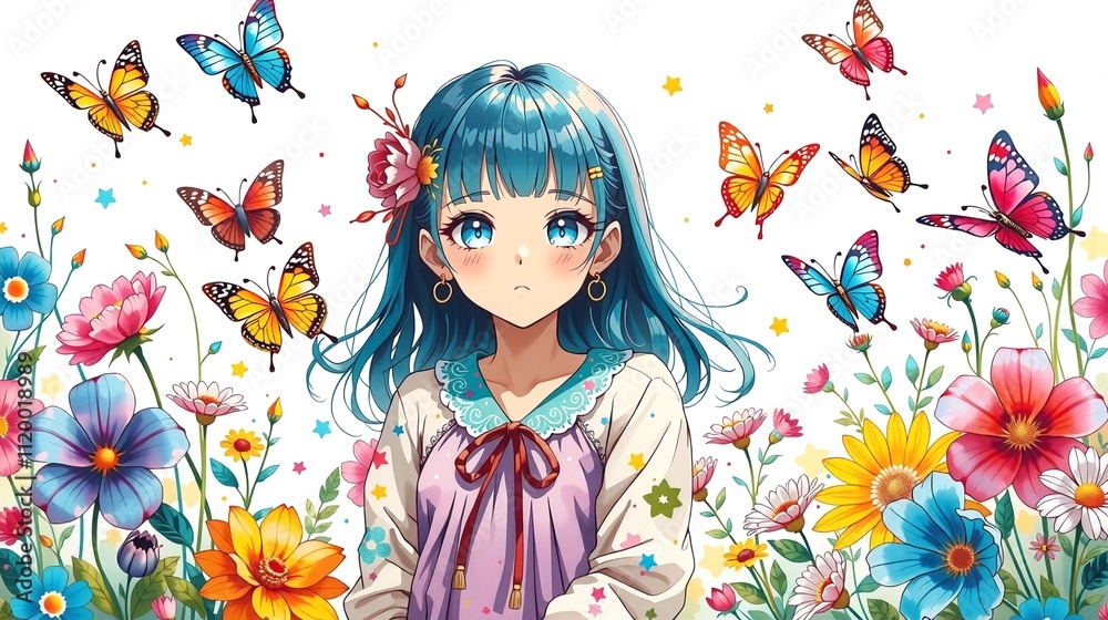 Whimsical kawaii anime girl in watercolor style surrounded by colorful flowers and butterflies Whimsical kawaii anime girl in watercolor style surrounded by colorful flowers and butterflies