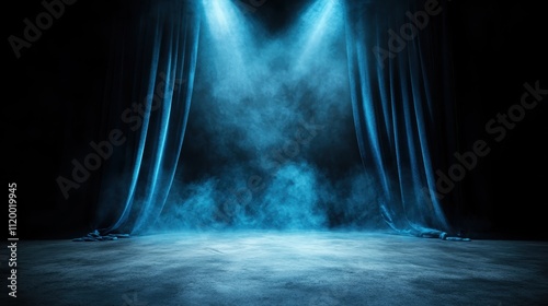 A mystical stage setup featuring rich blue curtains, spotlights, and swirling mist, creating a magical and mysterious setting with deep shadows and ethereal light. photo