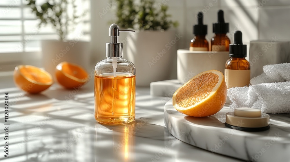 Natural skincare products with fresh oranges on a sunlit marble surface Natural skincare products with fresh oranges on a sunlit marble surface