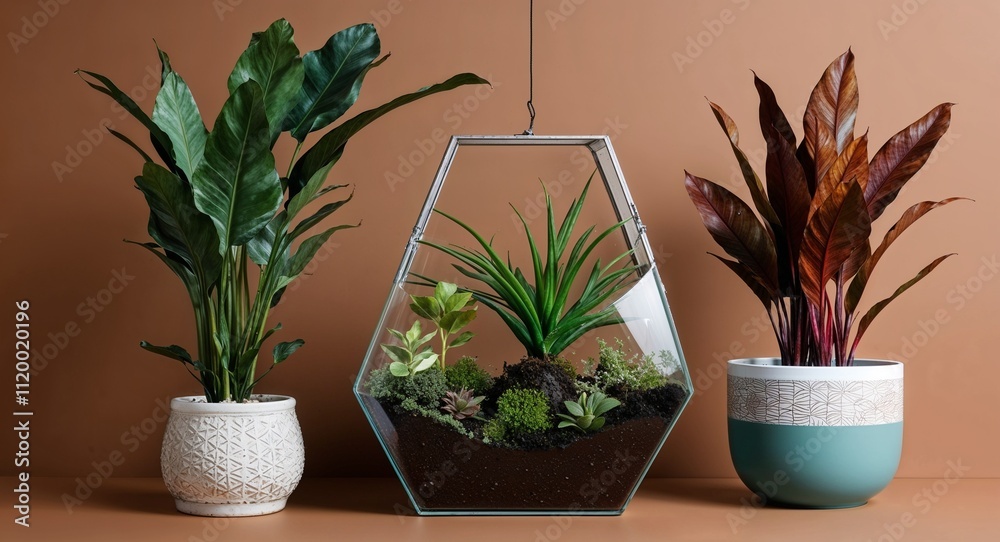 Terrarium with plants on Brown background design Terrarium with plants on Brown background design