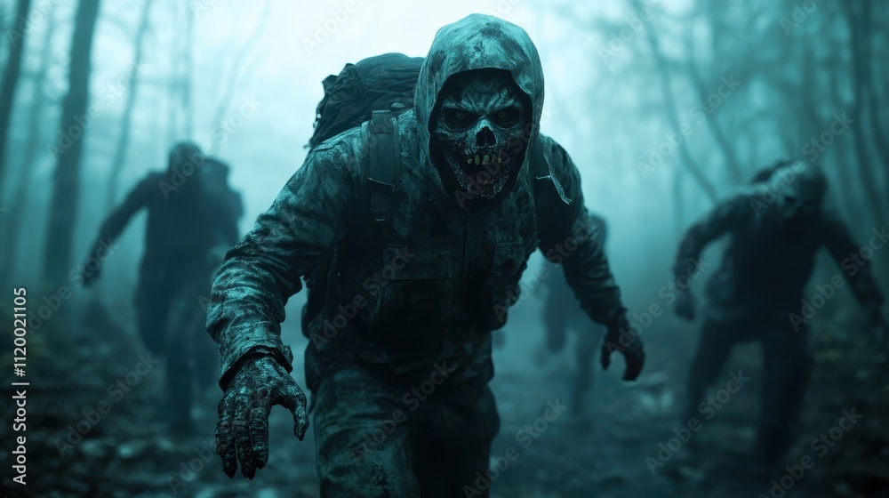 Eerie horror figures clad in ragged clothes advance through an ominous dark woodland mist, creating a spine-chilling scene of suspense and danger looming ahead. Eerie horror figures clad in ragged clothes advance through an ominous dark woodland mist, creating a spine-chilling scene of suspense and danger looming ahead.