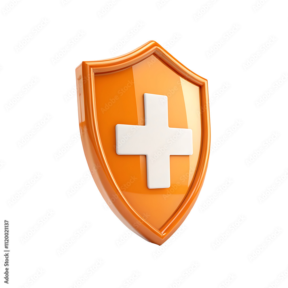Fototapeta premium orange shield first aid cross 3d render icon isolated on png transparent background