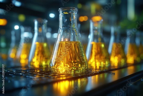 A row of laboratory flasks filled with yellow liquid, illuminated in a scientific setting.