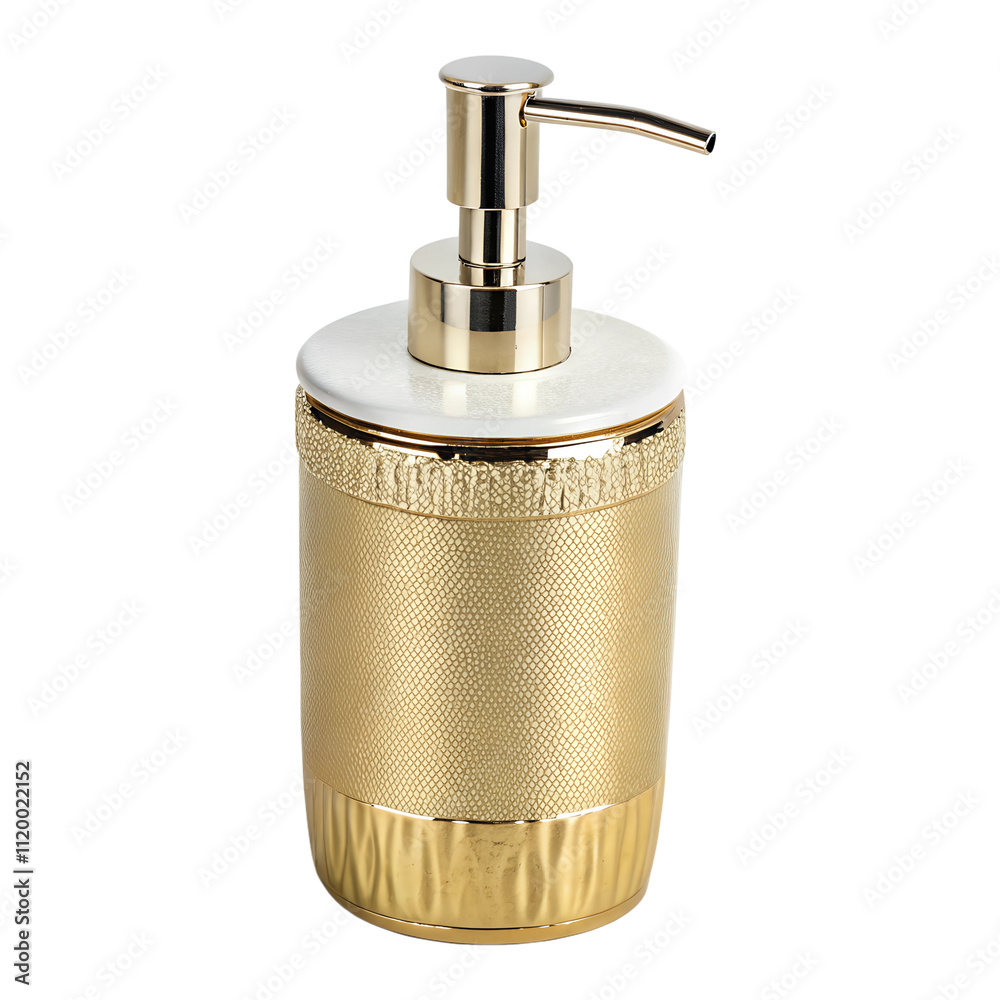 Obraz premium A sleek gold porcelain soap dispenser with a silver pump, isolated on a transparent background