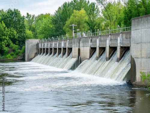 Dam with Waterfall on the River. Hydroelectric dam during Spring runoff, full water. Water rushing out of opened gates of hydro electric power dam. Concrete foothill and wall. Renewable energy systems