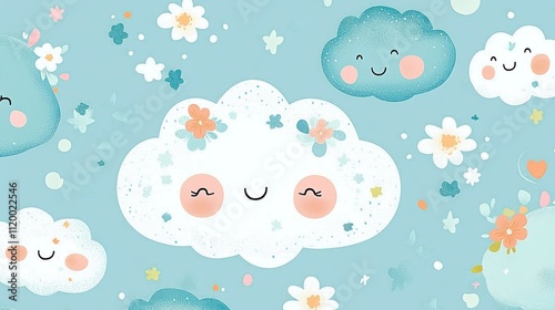 A whimsical pattern of smiling clouds and flowers on a soft blue background.