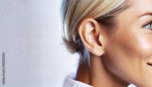 Close-up view of a blonde woman's ear with smooth skin and tied-back hair on empty white background with copy space photo