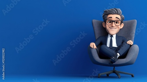 Cartoon character seated in an armchair against a blue background.