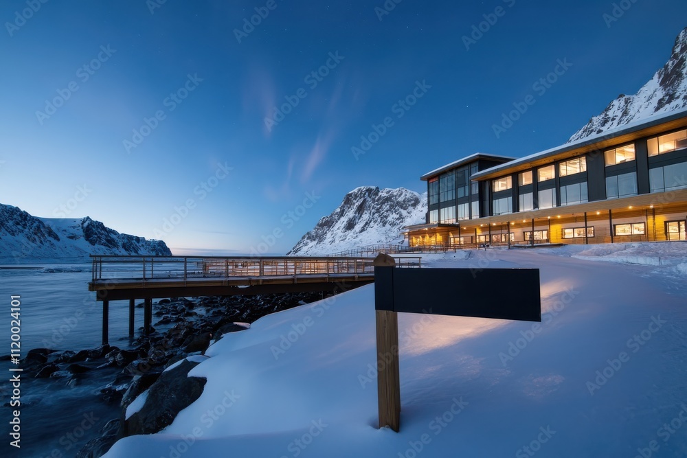 A stunning modern hotel sits against a backdrop of snow-covered mountains and serene waters, reflecting a tranquil winter getaway in a picturesque landscape. A stunning modern hotel sits against a backdrop of snow-covered mountains and serene waters, reflecting a tranquil winter getaway in a picturesque landscape.