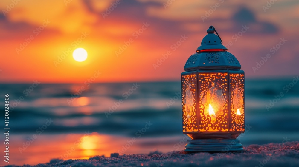 ramadan kareem iftar, muslim lantern lamp glows on the seashore at sunset,with copy space ramadan kareem iftar, muslim lantern lamp glows on the seashore at sunset,with copy space