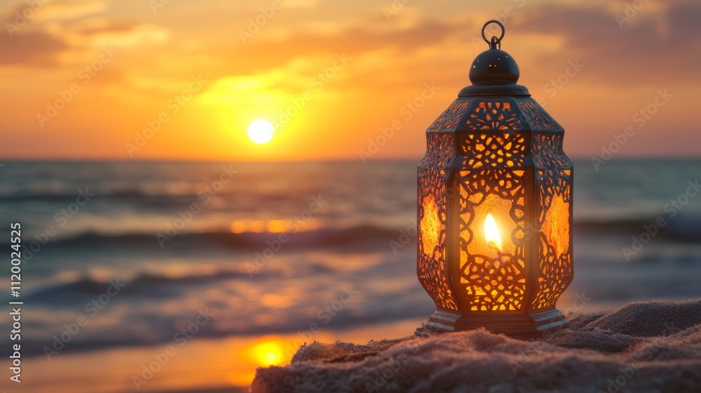 ramadan kareem iftar, muslim lantern lamp glows on the seashore at sunset,with copy space ramadan kareem iftar, muslim lantern lamp glows on the seashore at sunset,with copy space