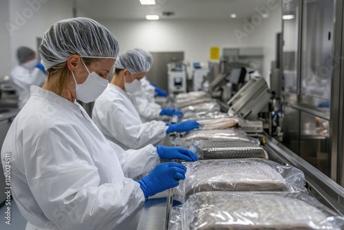 Workers in white gowns and masks diligently package fish at a food processing plant, ensuring hygiene and quality standards in every step.