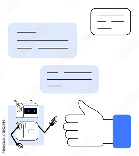 Robot with speech bubbles and thumbs up gesture. Ideal for AI communication, technology, customer support, digital interaction, modern applications, chatbots, futuristic designs. Line metaphor